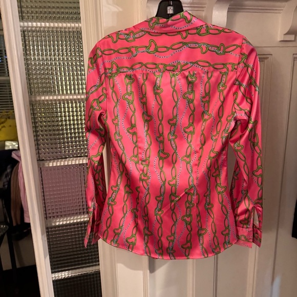 Hawes & Curtis Fitted Shirt Top Women UK 8 US S Button Up Chain link Print Pink - Picture 2 of 9